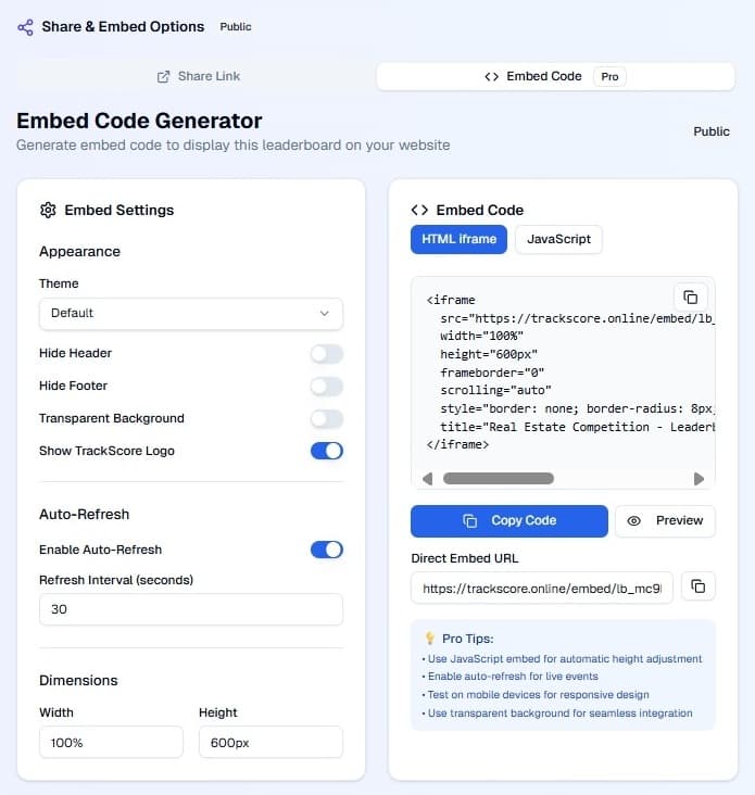 Embed code generator interface in TrackScore dashboard showing customization options and live preview